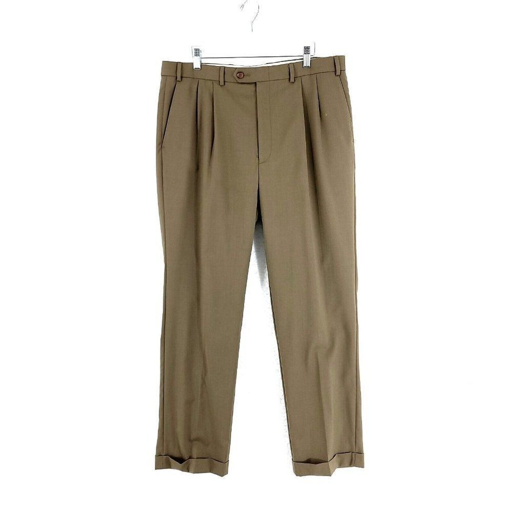 Lauren Ralph Lauren Wool Pleated Cuffed Green Beige Mid Rise‎ Dress Pants 37/32